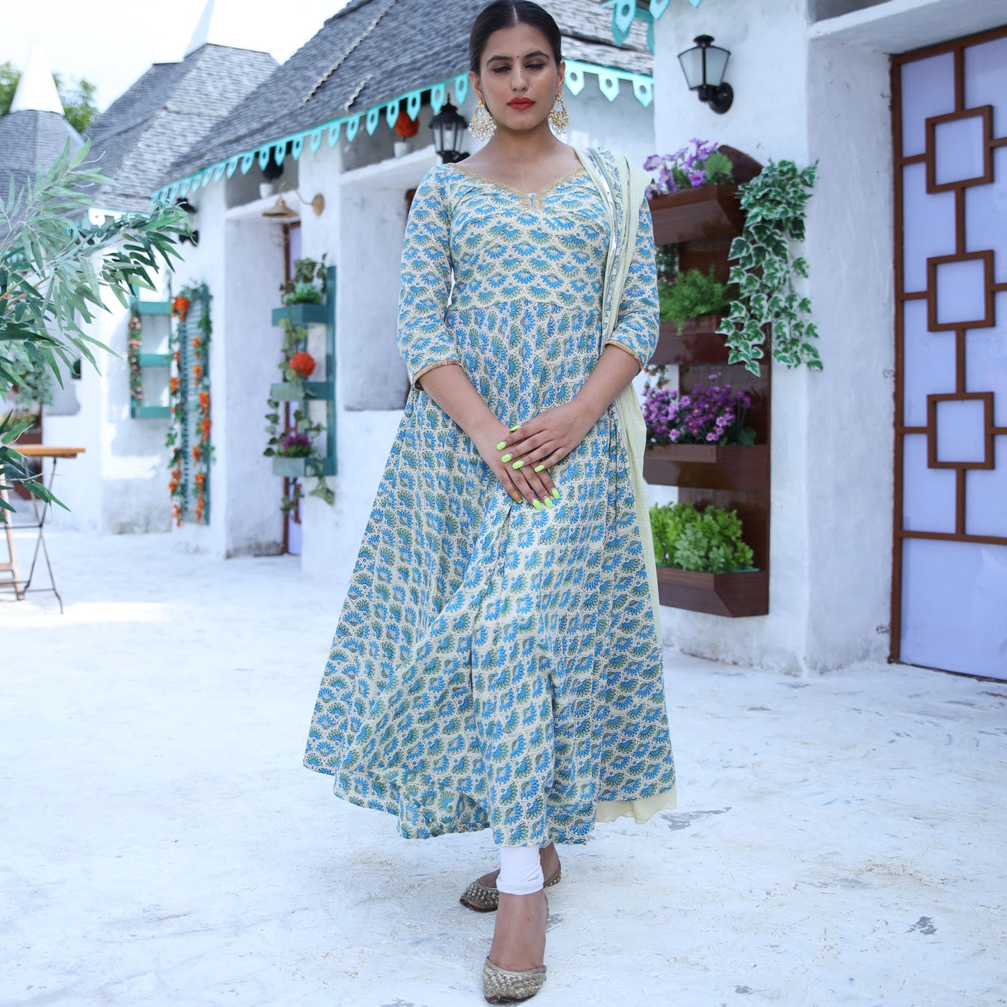 Leaf Print Embroidered Kanchali With Dupatta