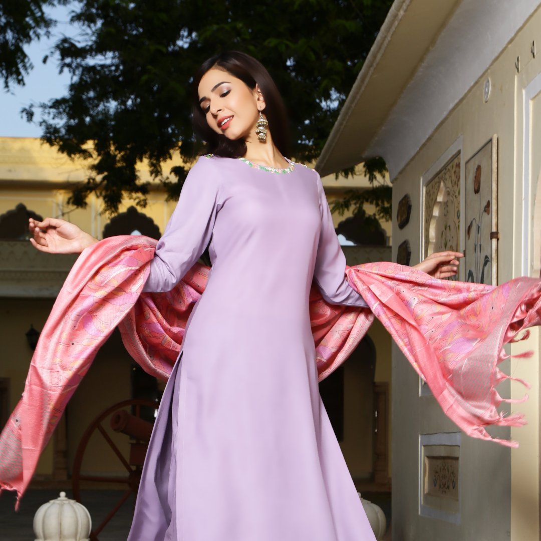 Lilac Neck Embroided Suit Set