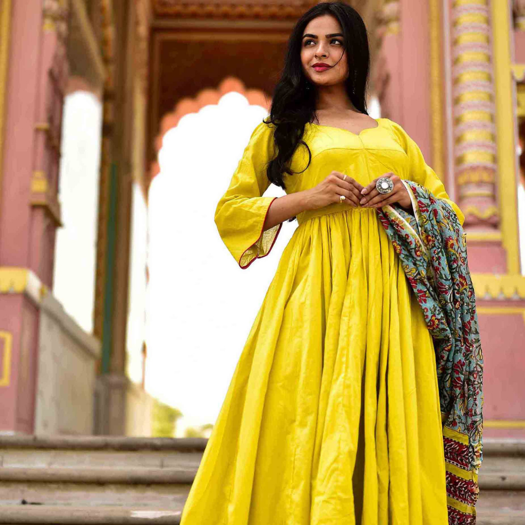 Olive Yellow Kanchali Kurta With Dupatta