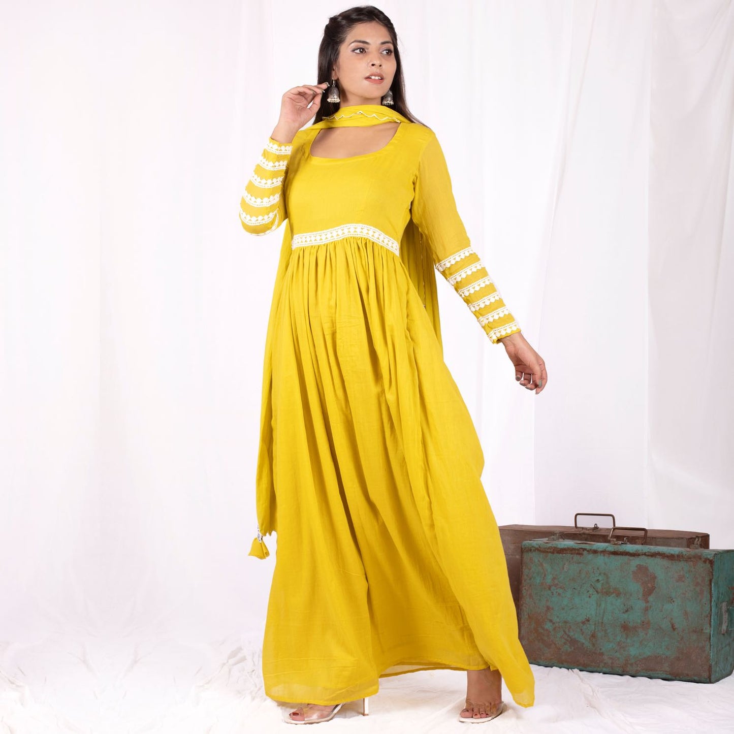 Olive Crochet Lace Sleeve Floor Length