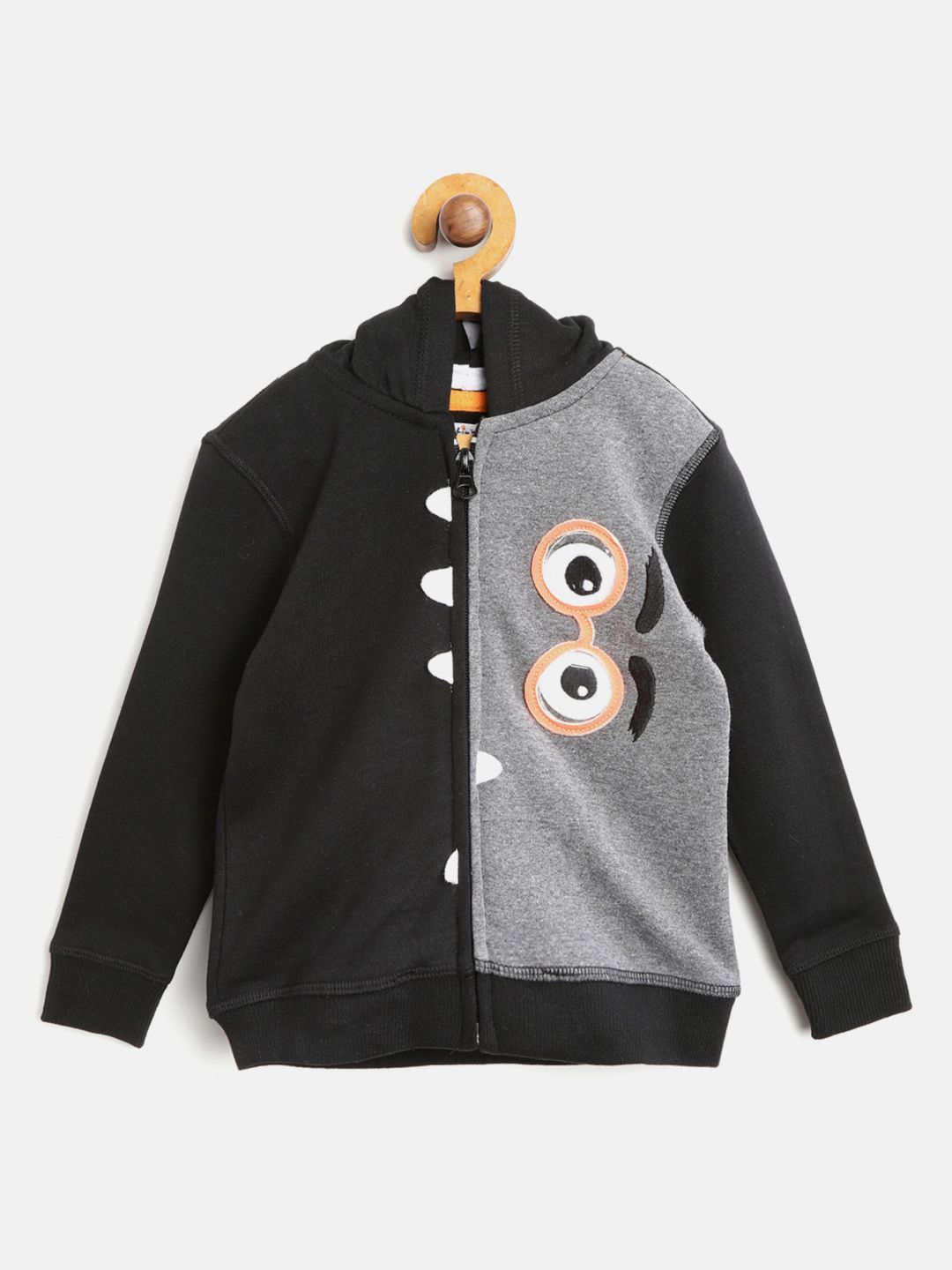 Boys Black & Charcoal Grey Colourblocked Hooded Front-Open Sweatshirt