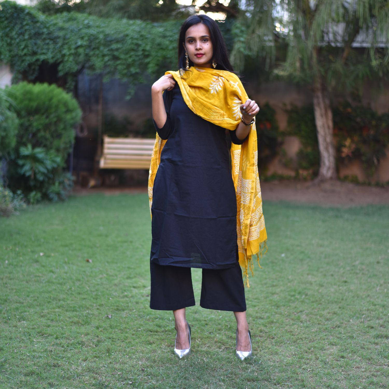 Black Culotte With Yellow Dupatta