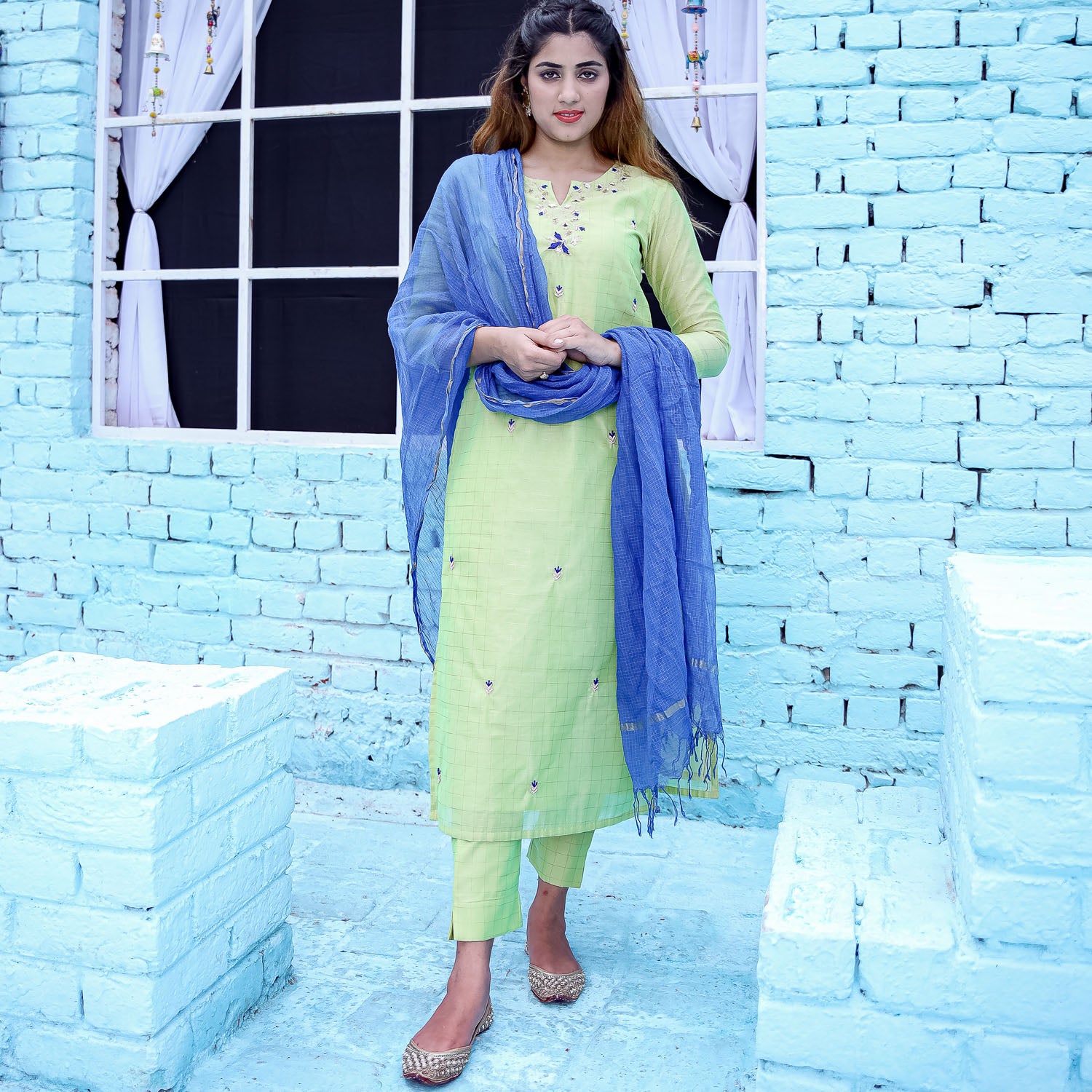 Green Checks Chanderi Suit Set