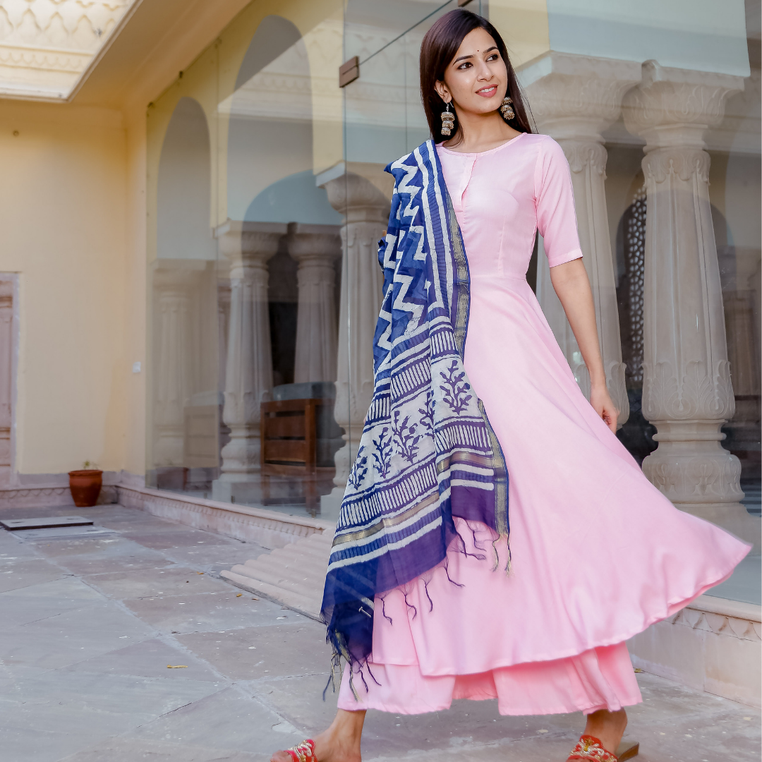 Baby Pink Suit Set With Blue Dupatta