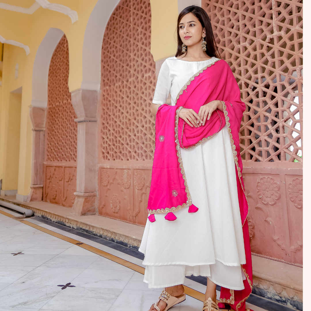 Ivory Suit Set With Rani Handwork Dupatta