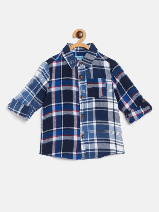Boys Blue & White Regular Fit Checked Casual Shirt