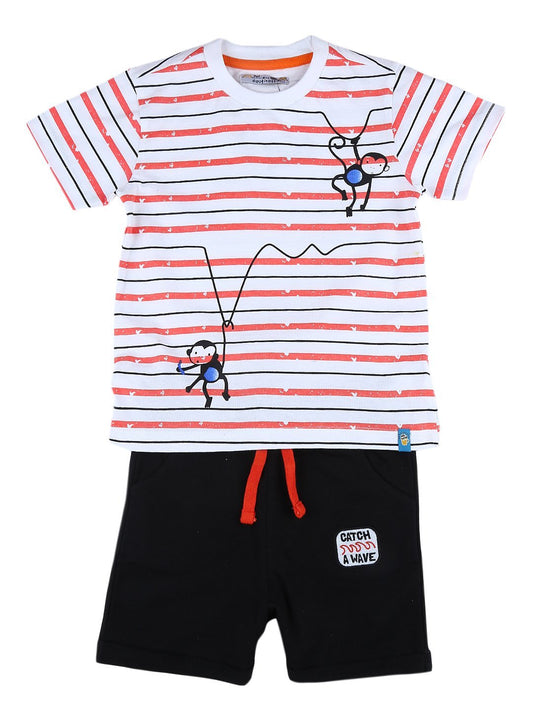 Boys Black & White Colored Striped T-Shirt & Shorts Set