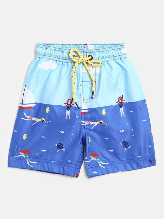 Boys Blue Printed Regular Fit Shorts